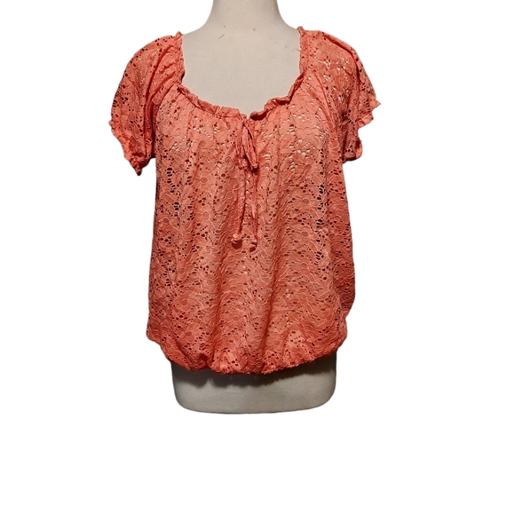 no boundariestop xl Peach Eyelet Lace Peasent 90s Y2k 2000s Shirt Blouse. Dimens - Picture 1 of 5